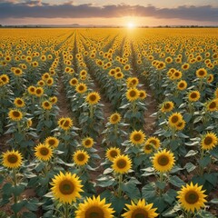Obraz premium Vast sunflower field, facing east, morning light , rays, sun, landscape