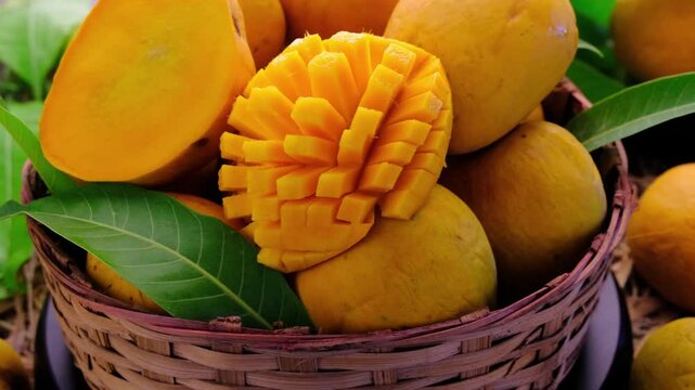 Mango tropical fruit with green leaf, Ripe mango in grass closeup