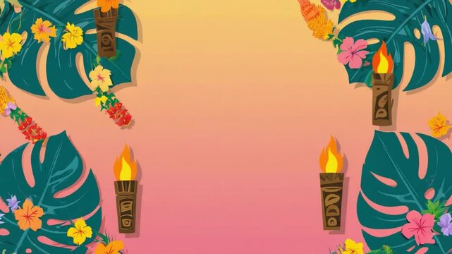 Tropical floral design with tiki torches.