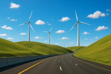 Multiple large wind turbines stand high above an empty highway, overlooking rolling green hills.