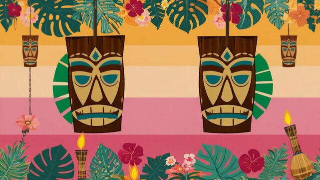 Tropical floral border with tiki masks.