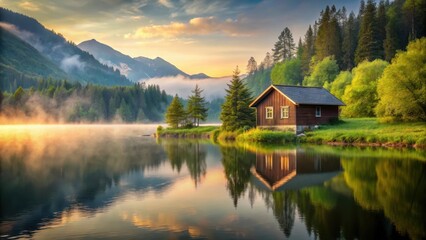 Fototapeta premium Serene Landscape with Cozy Abode , peaceful, landscape, peaceful, landscape, natural light, tranquil
