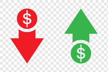 cost reduction icon vector. dollar decrease sign. profit decrease symbol. cost saving sign. vector illustration on transparent background