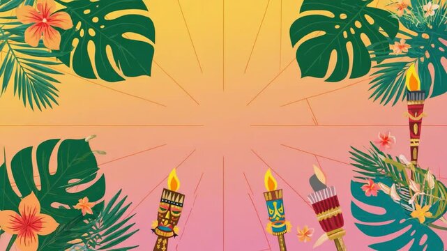 Tropical floral frame with tiki torches.