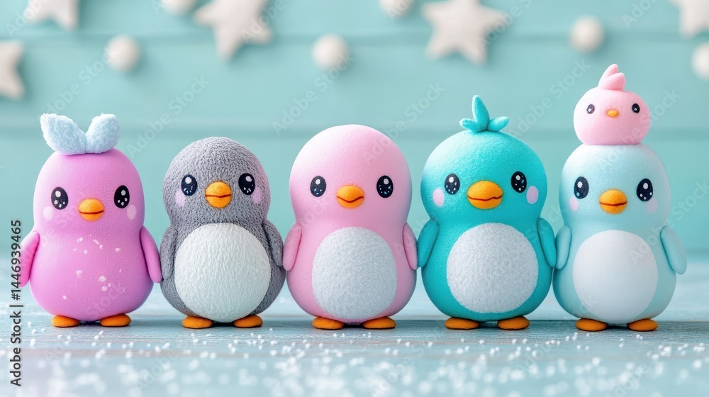 Poster a delightful array of handcrafted penguin figurines in soft pastel hues evoking warmth joy and playf