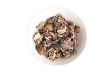 Steamed beef, tender cooked meat on dish, isolated on white background. Concept, traditional Asian cuisine. Simple, flavorful, and ready to serve as a wholesome meal or restaurant-style dish.        