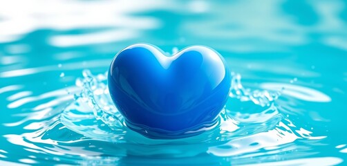 Blue heart-shaped object, water splashing, vibrant aqua hues, background, illustration