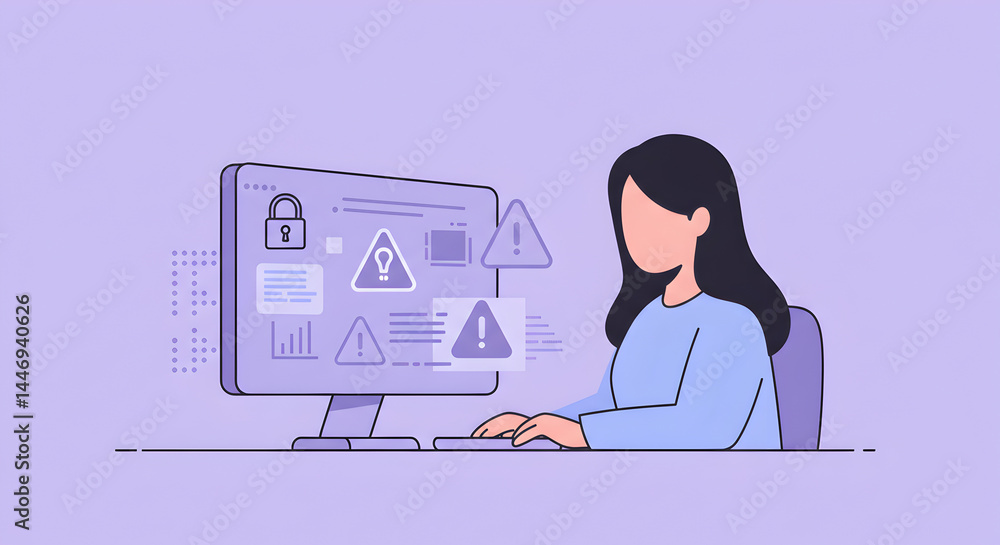 Poster data security incident concept represented with woman working with alerts computer