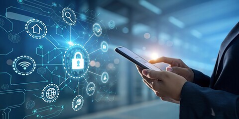 Businessman with digital tablet touches a virtual screen displaying social network icons for modern business communication technology