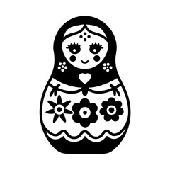 Stylized Black and White Matryoshka Doll Illustration Featuring Flowers and a Heart