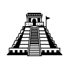 Stylized Black and White Representation of a Mesoamerican Pyramid Temple Icon