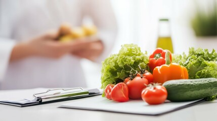 Fresh vegetables with a clipboard, nutritionist with diet plan.