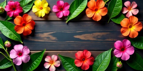 Brightly colored blossoms and green leaves arranged on textured wooden surface, green leaves, spring, blossoms