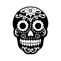 Black and white sugar skull with intricate patterns for Day of Dead