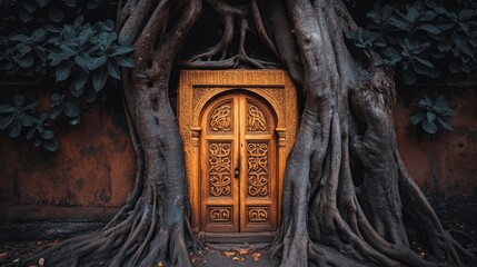 Intricately carved wooden door surrounded by ancient tree roots in a mystical forest setting