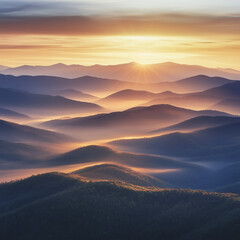 Sunrise Over Misty Mountain Range with Vibrant Sky and Rolling Hills