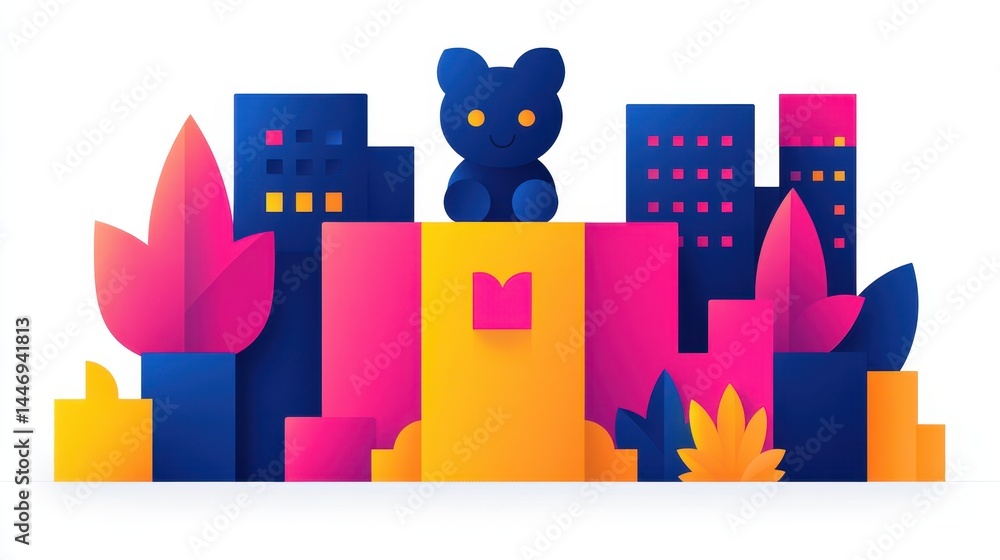 Poster pixelated cityscape with stylized feline guardian overlooking colorful abstract structures under the