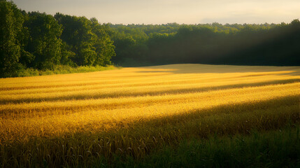 Obraz premium A golden field of grain is illuminated by sunlight near a forest.