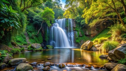 Obraz premium Waterfall amidst nature, serenity surrounded by trees and rocks