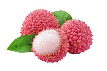 Vibrant image showcasing three whole and one halved lychee fruit.  Green leaves are visible on the top. The fruit appears fresh and juicy.