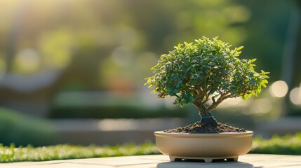 A serene bonsai tree in a pot on a patio bathed in sunlight.
