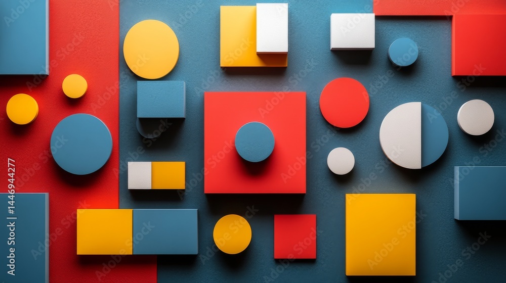 Poster vibrant geometric composition: a multidimensional interplay of color and shape, creates striking vis