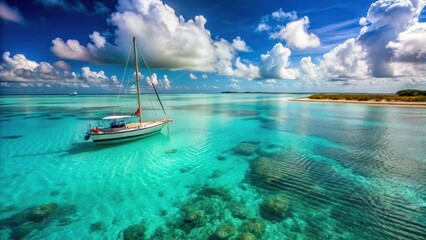 Obraz premium A sailboat is anchored in crystal-clear waters of Los Roques beach