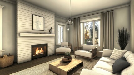 Fototapeta premium Neutral living room with fireplace, sofa, and soft decor
