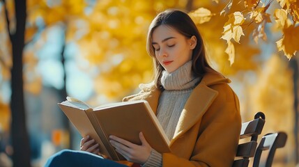Young woman with dark hair wearing cozy scarf and sweater reading a book while sitting on a park bench during autumn, surrounded by yellow-orange leaves and soft natural light in a peaceful setting