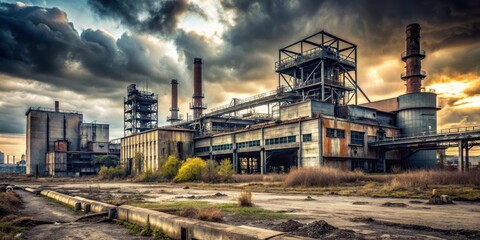 Fototapeta premium Abandoned factory amidst a desolate landscape, with toxic waste and radioactive pollution scattered around , industrial decay, radioactive pollution