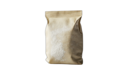 White and brown paper bag with handles, crumpled texture, and creases isolated on transparent background.