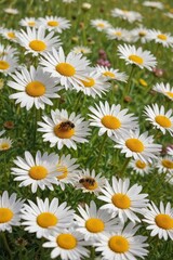 Fototapeta premium Busy bees pollinating cheerful daisies in a sun-drenched meadow , sunshine, sunlight, idyllic