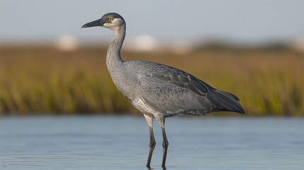 Naklejka premium Elegant great blue heron wading through serene waterscape on a sunny day with natural habitat and wild bird observing in vibrant coastal scene