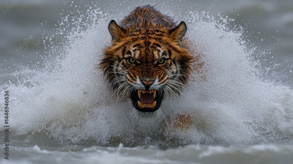 Poster siberian tiger aggressively running powerfully through sparkling water creating a splash a captivati