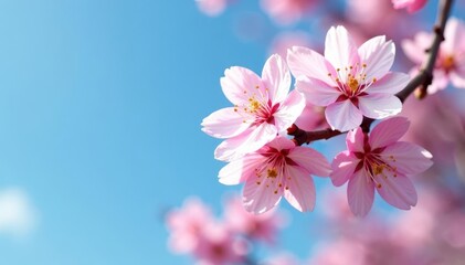 Delicate pink cherry blossoms in full bloom on branches against a clear blue sky , season, photography, petal
