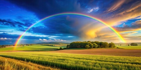 Obraz premium Vibrant Rainbow Over Sunny Countryside, peaceful landscape, rainbow, peaceful landscape