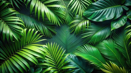 Tropical lush foliage with green leaves against a serene palm tree background flat lay, closeup, tropical,  closeup