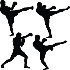 Silhouettes of Martial Artists in Action – High Contrast Black and White Vector Illustration with Kicking Poses, Dynamic Movements, Minimalist Design, and Fighting Stance Graphic