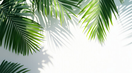 Green Palm Leaves and Shadows on Clean White Background in Sunlight Creating Modern Tropical Vibes

