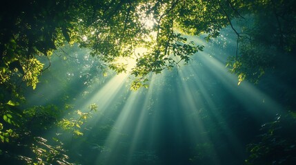 Obraz premium Sunlight streaming through lush green canopy of a misty woodland