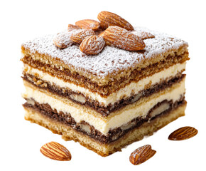 Delicious layered cake with almonds bakery food isolated on transparent background