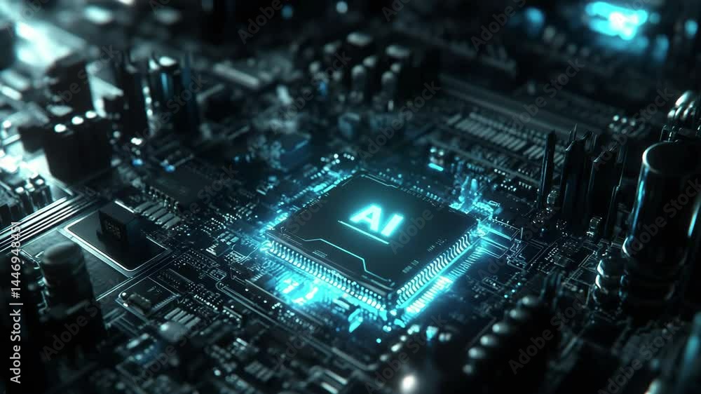 Poster a close-up of an ai microchip on a circuit board glows with neon blue light, the power and precision