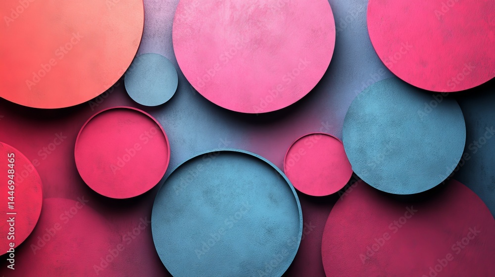 Poster harmonious arrangement of circular forms with contrasting textured and colored planes backdrop