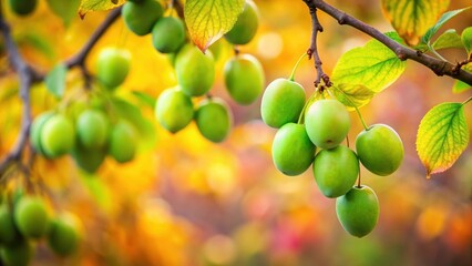 Fresh green plums hang from a branch of a deciduous tree against a soft focus blur of autumn foliage in the forest