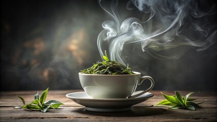 Delicate tea leaves unfolding in a steaming cup, warm, liquid,  warm, liquid, hot water, beverage