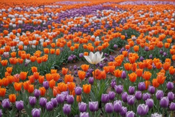 Unique purple-white tulip stands out in sea of orange tulips , plant, bright