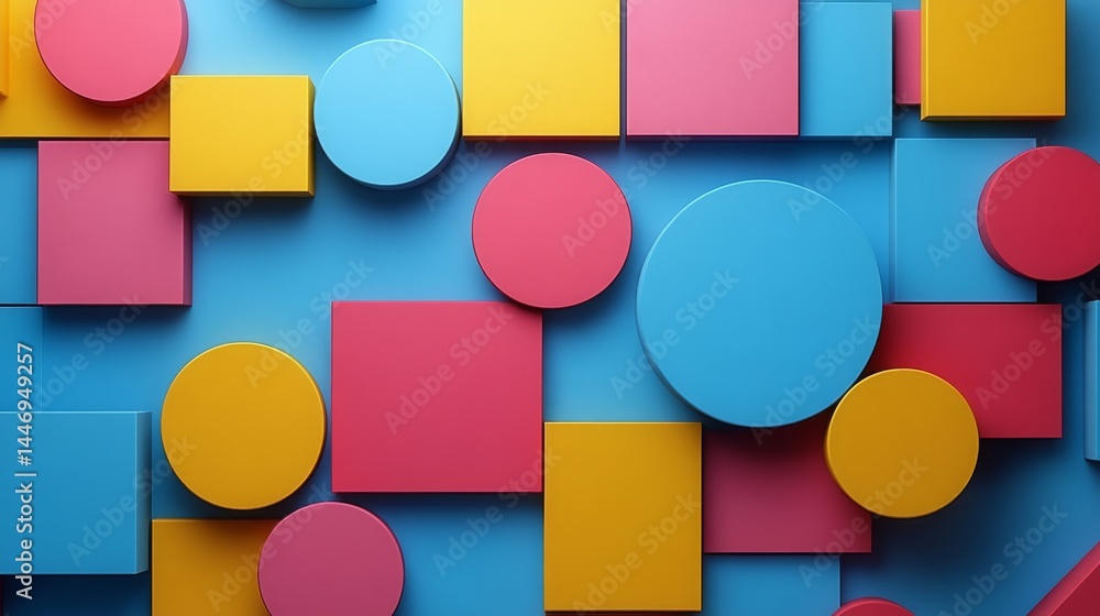 Poster vibrant geometric composition: abstract arrangement of colorful circles and squares with modern 3d e