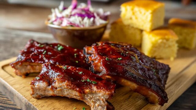 Delicious BBQ ribs glazed with a rich sauce served alongside cornbread and coleslaw, appealing to food lovers and showcasing culinary delight.