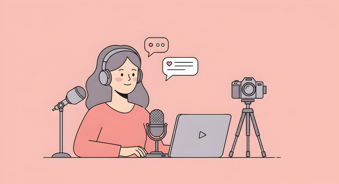 Illustration of a female vlogger creating online content for social media platform