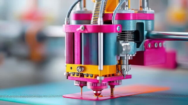 A colorful 3D printer extruder head is actively printing layered material on a flat surface in a close-up view.